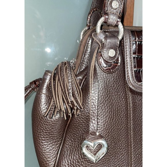BRIGHTON Croc Embossed Brown Pebbled Leather Silver Accented Shoulder Hand Bag - Picture 4 of 13